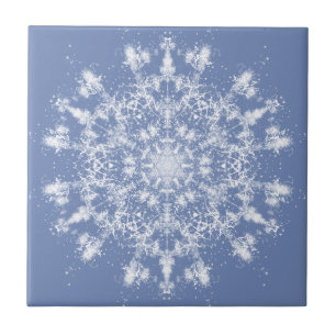 Abstract Lacy Fractal Snowflake on Blue Background Ceramic Tile