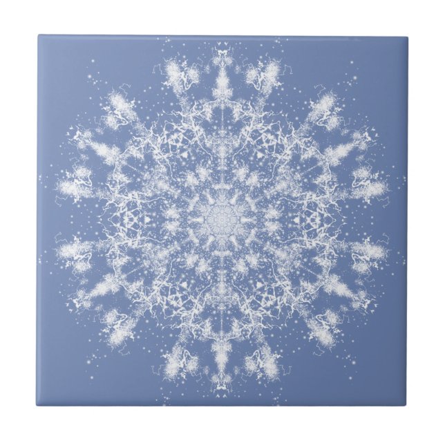 Abstract Lacy Fractal Snowflake on Blue Background Ceramic Tile (Front)
