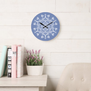 Abstract Lacy Fractal Snowflake on Blue Background Large Clock