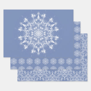 Abstract Lacy Fractal Snowflake on Blue Background Wrapping Paper Sheet