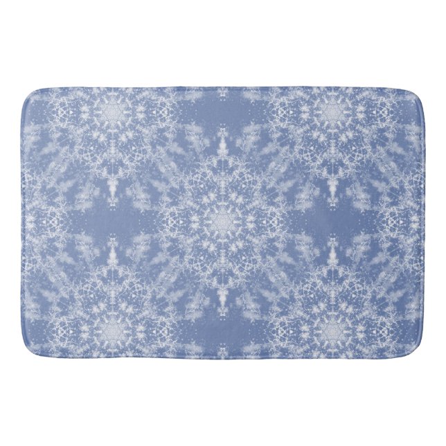 Abstract Lacy Fractal Snowflake Pattern on Blue Bath Mat (Front)