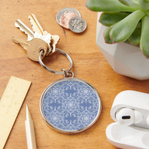 Abstract Lacy Fractal Snowflake Pattern on Blue Key Ring