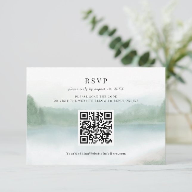Abstract Lake Trees Watercolor Wedding QR Code RSVP Card (Standing Front)