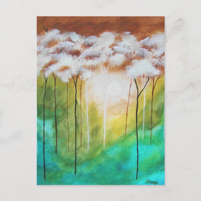 Abstract Landscape Art Dawn Light Skinny Trees Postcard (Front)