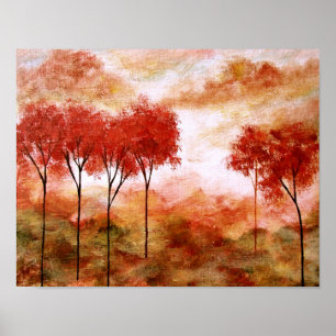 Abstract Landscape Art, Red Skinny Trees Autumn Poster
