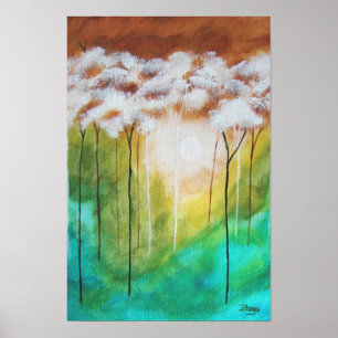 Abstract Landscape Art, Skinny Trees, Teal, Gold Poster