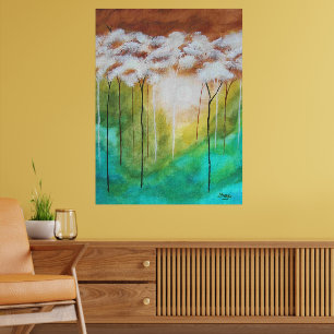 Abstract Landscape Art, Skinny Trees, Teal, Gold Poster