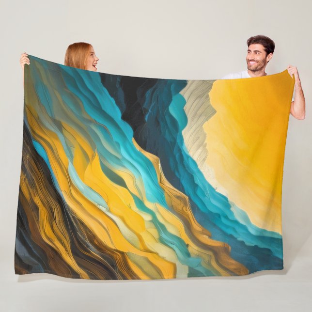 Abstract Landscape Blue Yellow Brown Fleece Blanket (In Situ)