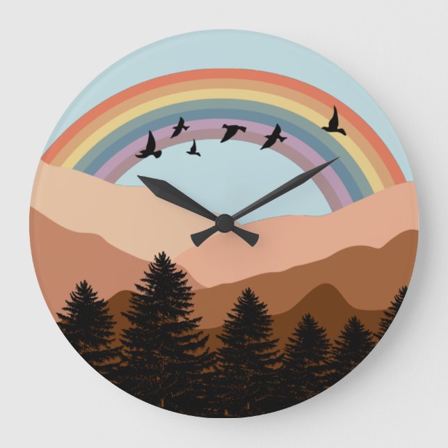 Abstract Landscape Forest Rainbow & Birds Nursery  Large Clock (Front)