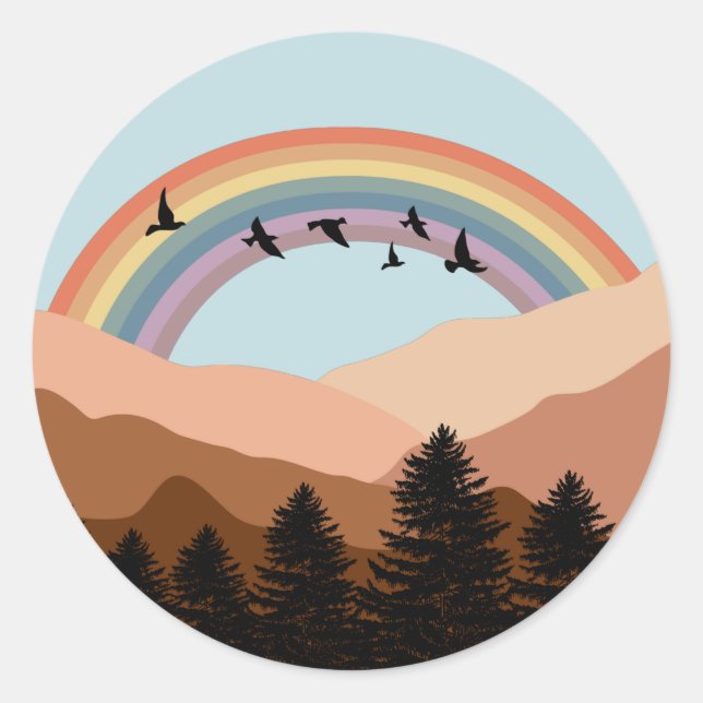 Abstract Landscape Forest Trees Rainbow & Birds   Classic Round Sticker (Front)