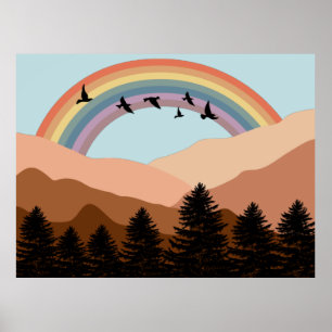 Abstract Landscape Forest Trees Rainbow & Birds Poster