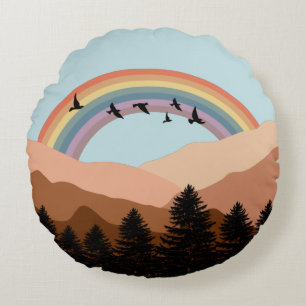 Abstract Landscape Forest Trees Rainbow & Birds Round Cushion
