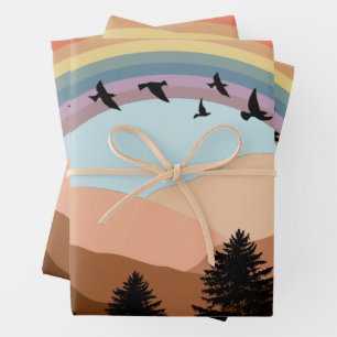Abstract Landscape Forest Trees Rainbow & Birds  Wrapping Paper Sheet