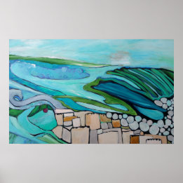 Abstract landscape of seaside village poster