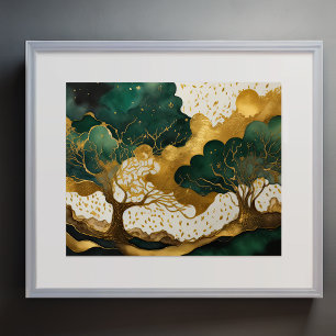 Abstract Landscape Painting Gold Green Poster