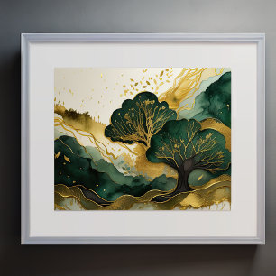 Abstract Landscape Painting Gold Green Poster