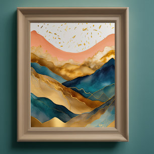 Abstract Landscape Painting Gold Peach Blue II Poster