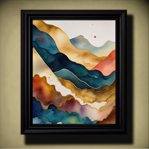 Abstract Landscape Painting Gold Peach Blue Poster