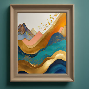 Abstract Landscape Painting Gold Peach Blue Poster
