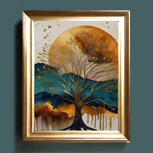 Abstract Landscape Painting Gold Rust Blue Poster