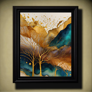 Abstract Landscape Painting Gold Rust Blue Poster