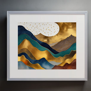 Abstract Landscape Painting Gold Rust Blue Poster