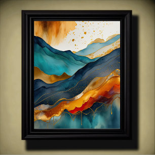 Abstract Landscape Painting Gold Rust Blue Poster