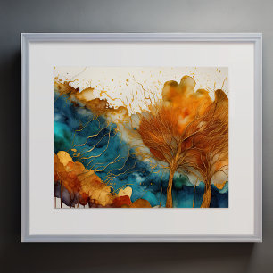 Abstract Landscape Painting Gold Rust Blue Poster