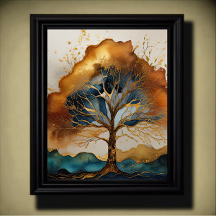 Abstract Landscape Painting Gold Rust Blue Poster