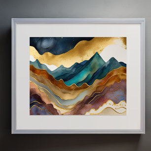 Abstract Landscape Painting Gold Rust Blue Poster
