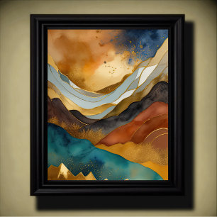 Abstract Landscape Painting Gold Rust Blue Poster
