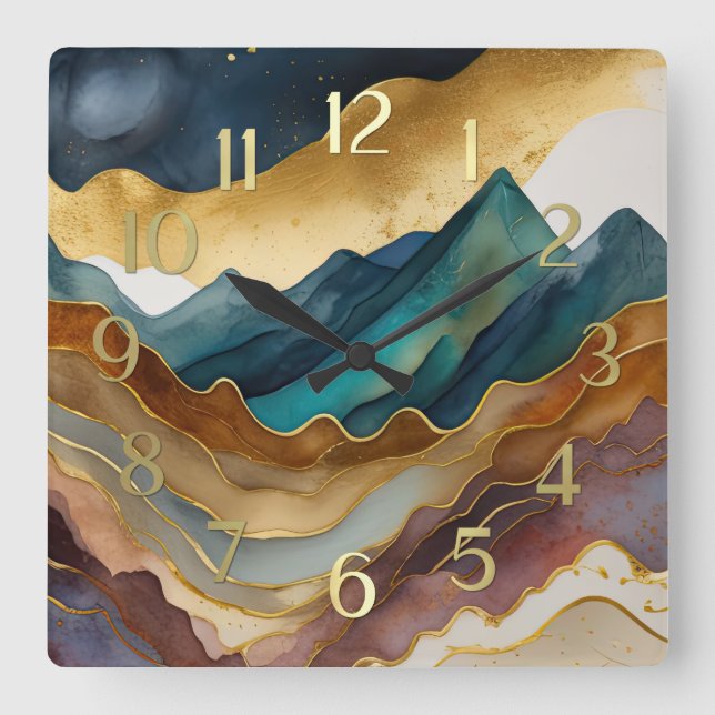 Abstract Landscape Painting Gold Rust Blue Square Wall Clock (Front)