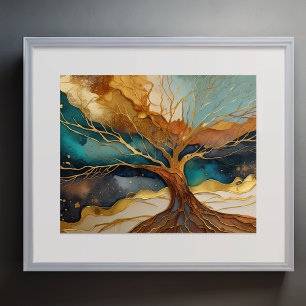 Abstract Landscape Painting Gold Rust Blue Tree Poster