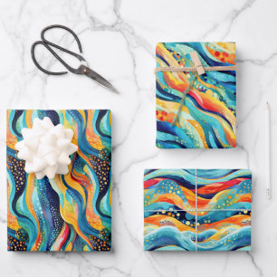 Abstract Landscape with Vibrant Waves and Playful  Wrapping Paper Sheet