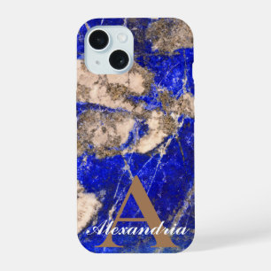 Abstract Lapis Lazuli Blue Granite monogram iPhone 15 Case