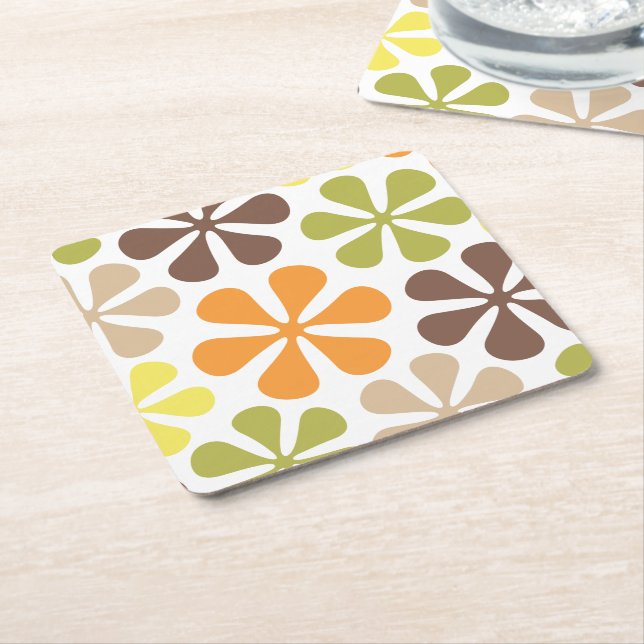 Abstract Large Flowers Retro Colours Square Paper Coaster (Angled)