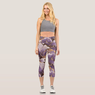 abstract lavender and gold capri leggings