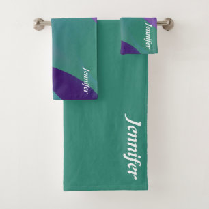 Abstract lavender turquoise violet with name bath towel set