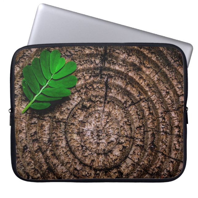 Abstract leaf tree stump green laptop sleeve (Front)