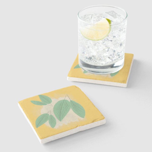 Abstract Leaves Greenery Yellow Illustration Stone Coaster (Side)