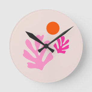 Abstract Leaves Pink Orange Modern Shapes Cut Outs Round Clock