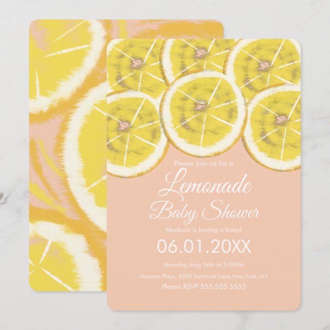 Abstract Lemon Citrus Lemonade Pink Baby Shower In Invitation (Front/Back)
