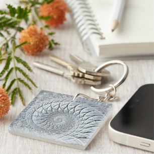 Abstract Light Grey Spiral Fractal Key Ring