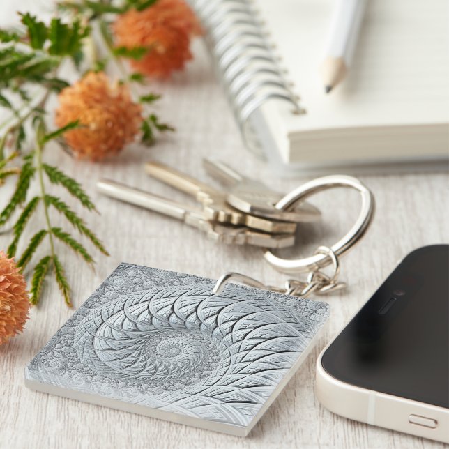 Abstract Light Grey Spiral Fractal Key Ring (Front Right)
