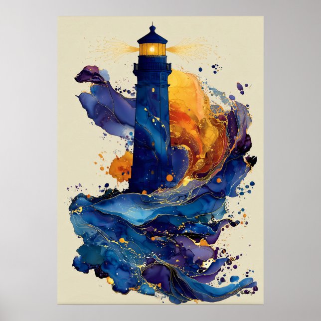 Abstract Lighthouse Liquid Art Coastal Colour Flow Poster (Front)