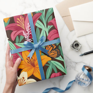 Abstract Lilies Orange Butterflies Wrapping Paper