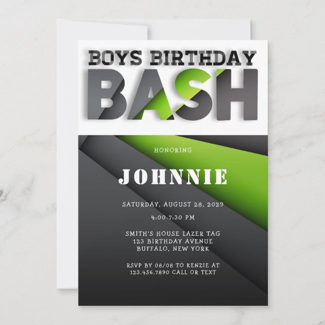 Abstract Lime Green Black Boys Bash Birthday Party Invitation (Front)