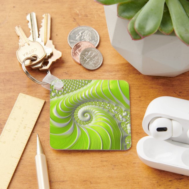 Abstract Lime Green Spiral Fractal Key Ring (Desk)