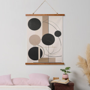 Abstract Line and Circle Modern Art in Beige Hanging Tapestry