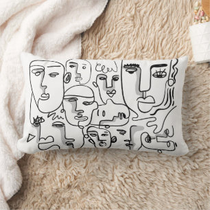 Abstract Line Art, Abstract Faces Drawing Lumbar Cushion